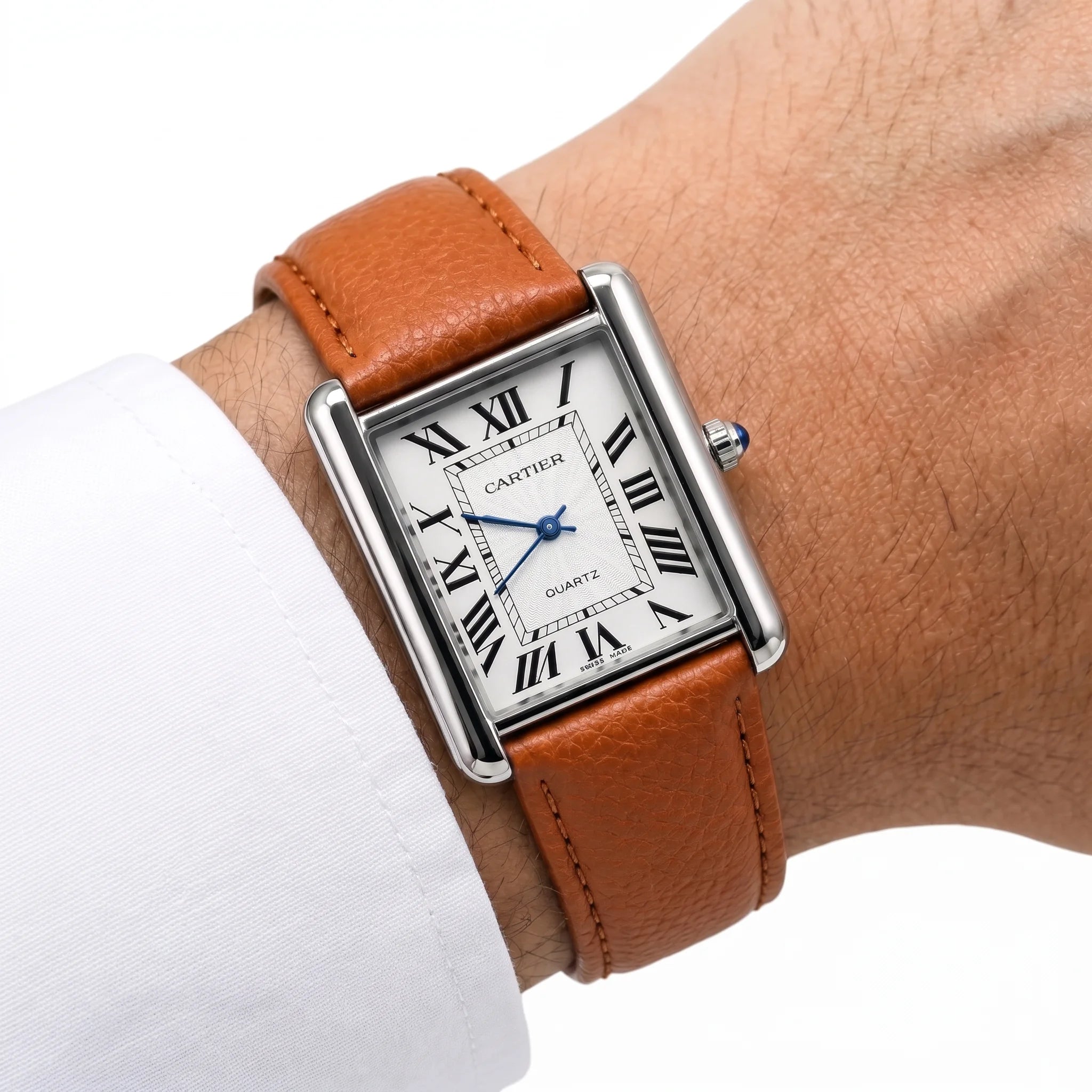 Cartier Tank White Slim Dial Brown Leather Strap Watch