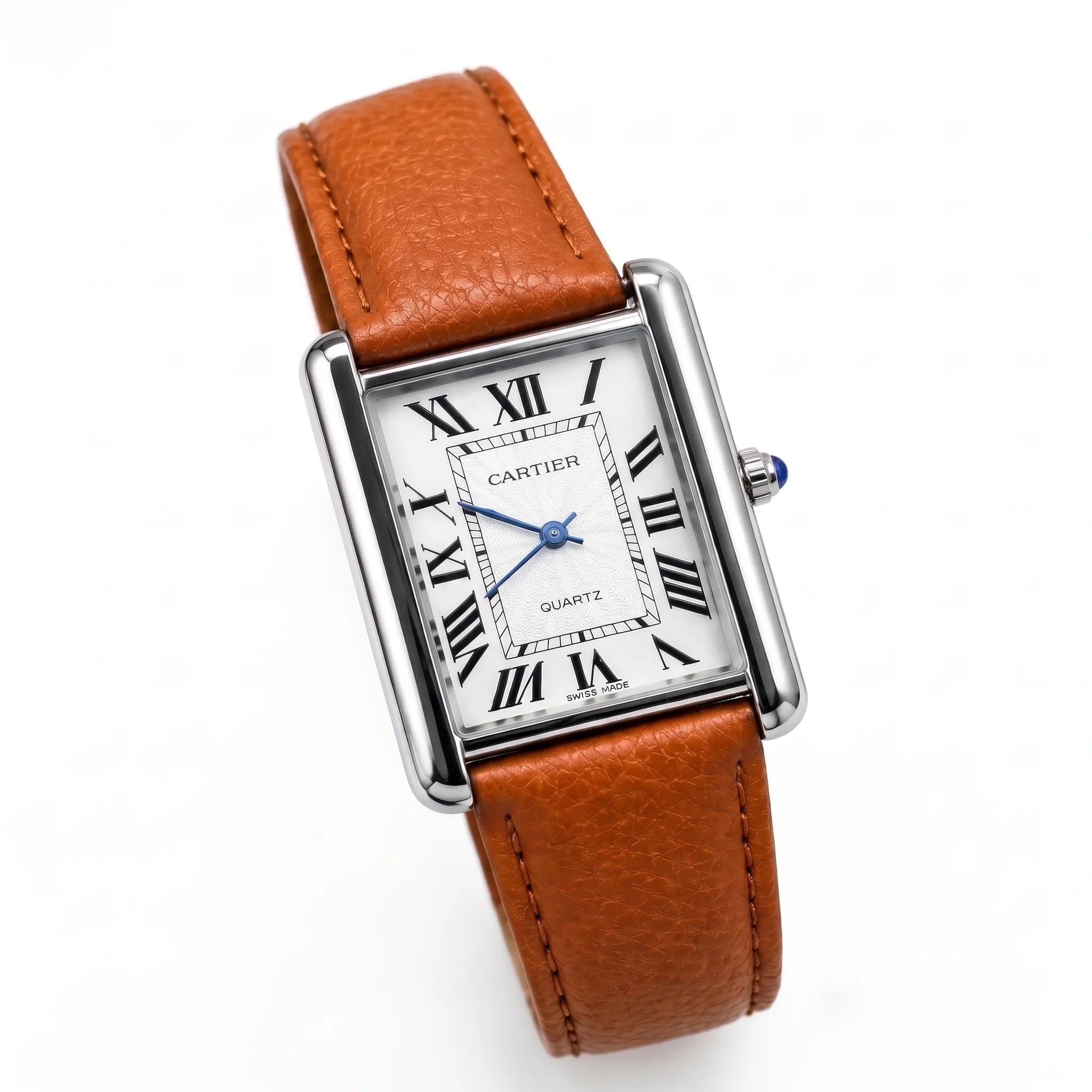 Cartier Tank White Slim Dial Brown Leather Strap Watch