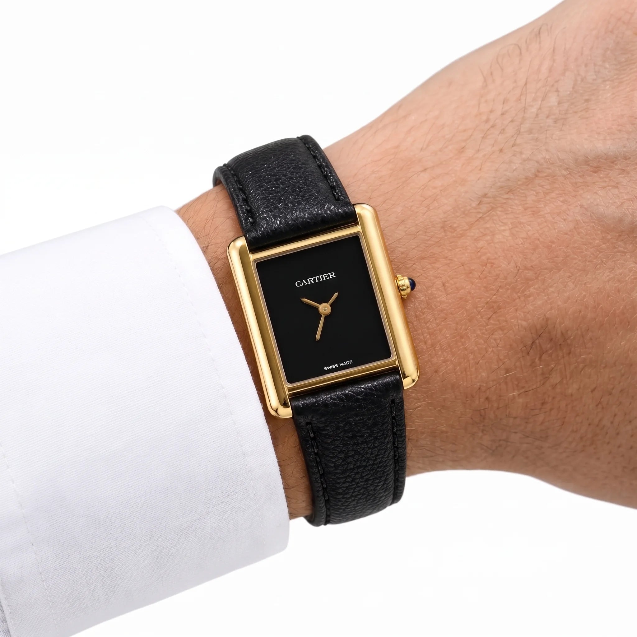 Cartier Tank Gold Black Slim Dial Strap Watch
