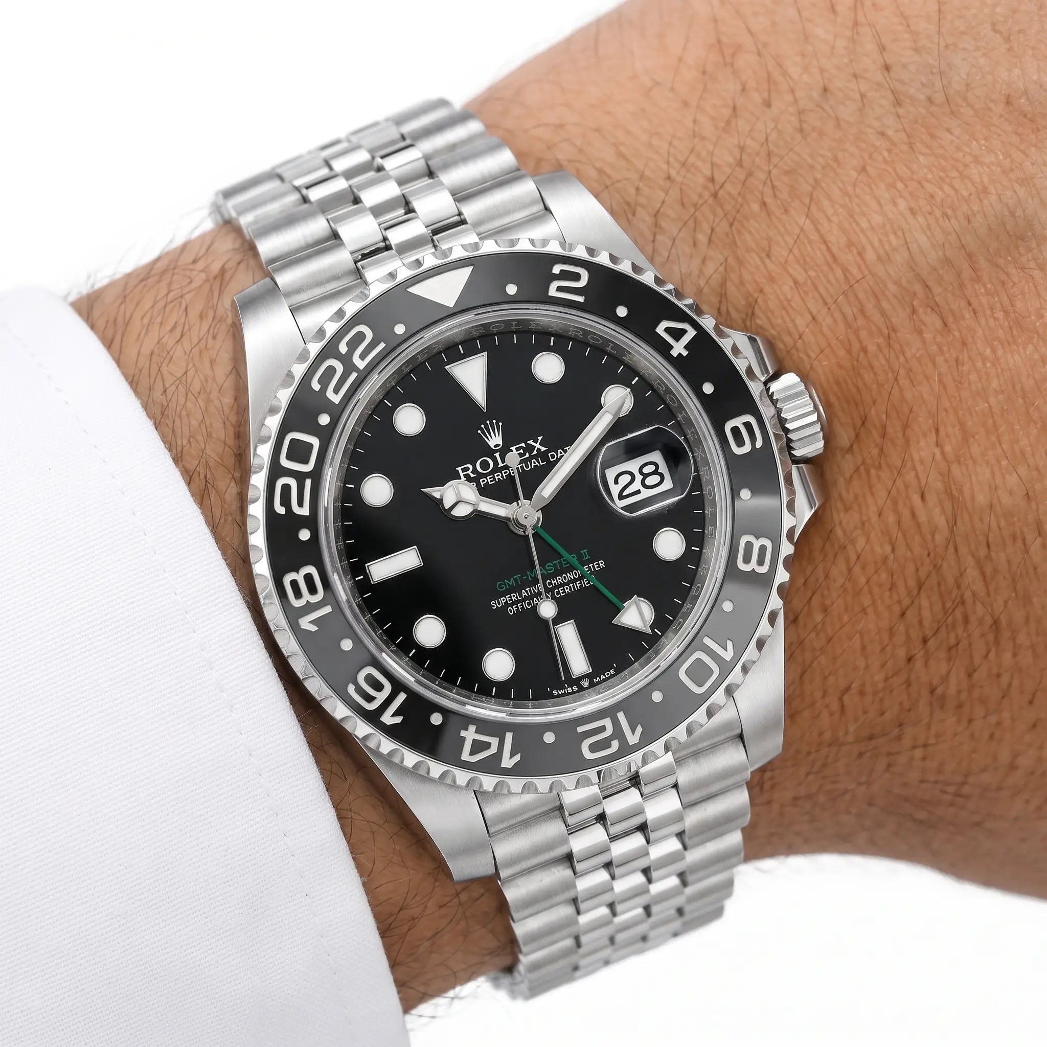 Rol-ex GMT-Master Men's Luxury Watch – Black & Grey Bezel, Stainless Steel Chain