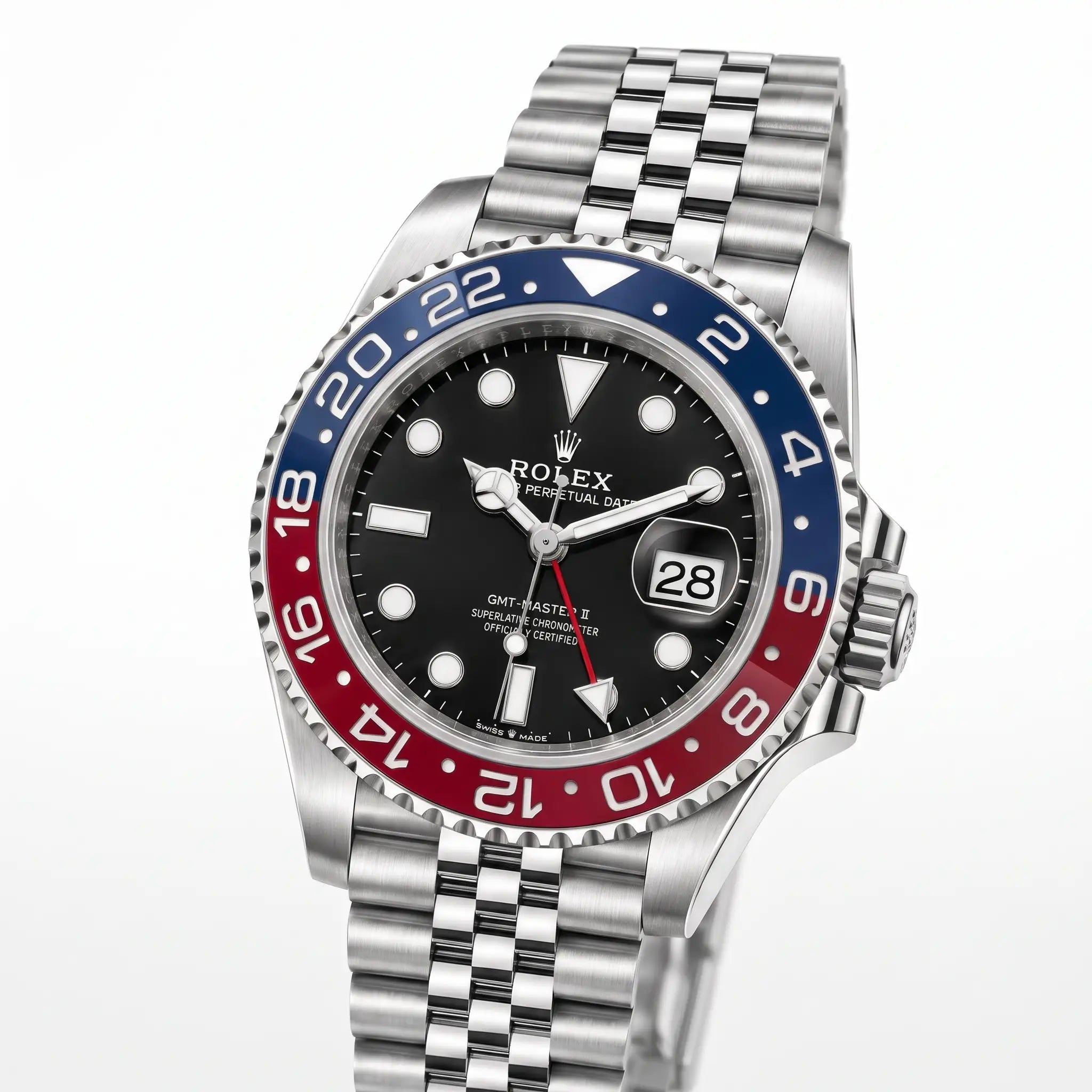 Rol-ex GMT-Master Men's Watch – Blue & Red Bezel, Stainless Steel Chain