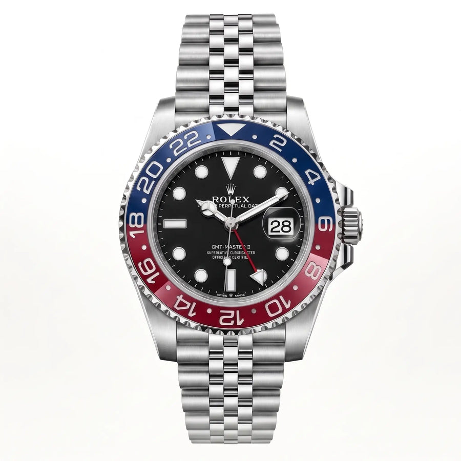 Rol-ex GMT-Master Men's Watch – Blue & Red Bezel, Stainless Steel Chain