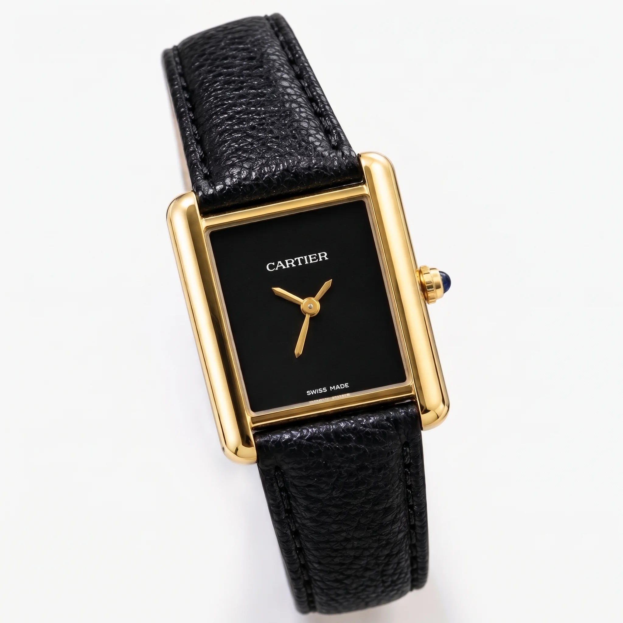 Cartier Tank Gold Black Slim Dial Strap Watch
